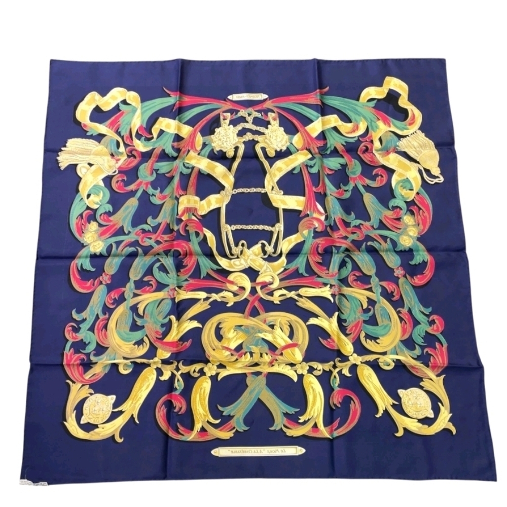 Authentic Hermes Carré 90 LE MORS A LA CONETABLE Navy Silk Scarf W/Box - Picture 5 of 16